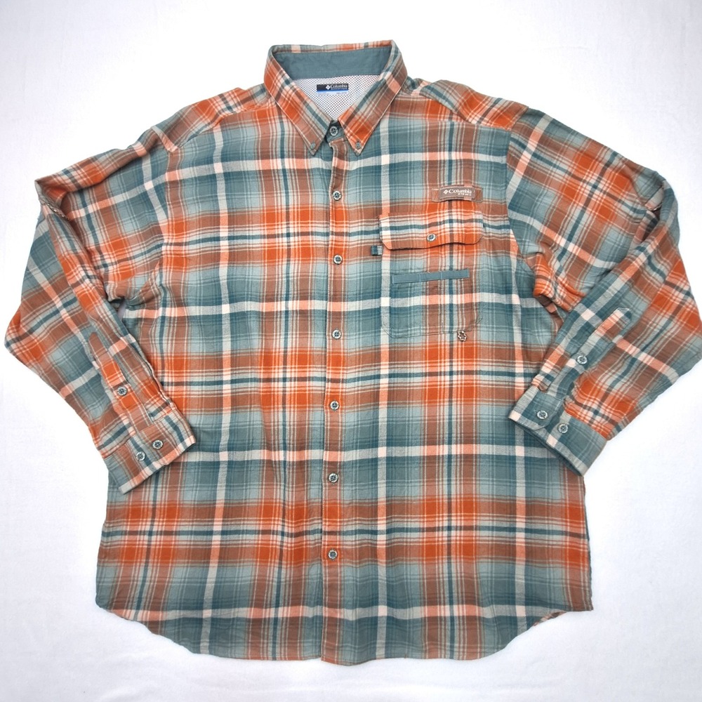 Columbia PHG Shirt Mens XXL Orange Teal Plaid Performance Hunting Gear